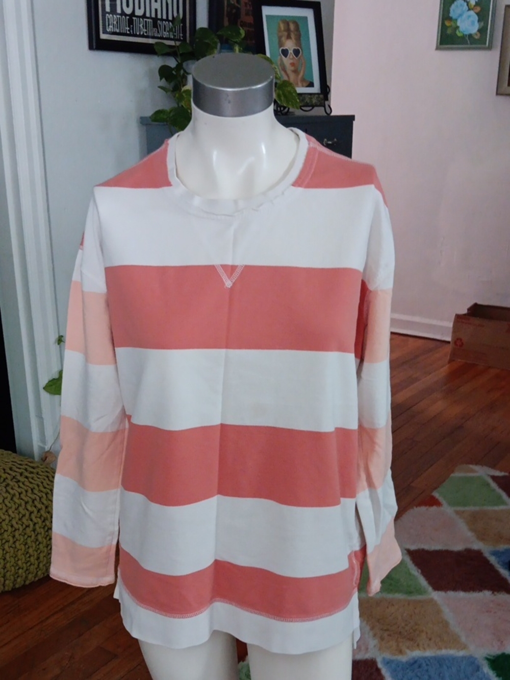Natural Reflections  Long-Sleeve Stripe Top in Coral and White